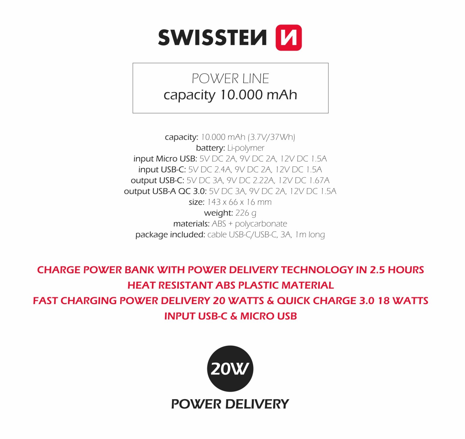 Swissten Power Line 10000 mAh 20W černá