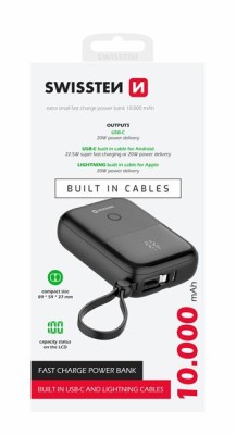 Swissten Power Bank 10000 mAh 22,5W s integrovanými káblami - USB-C / Lightning