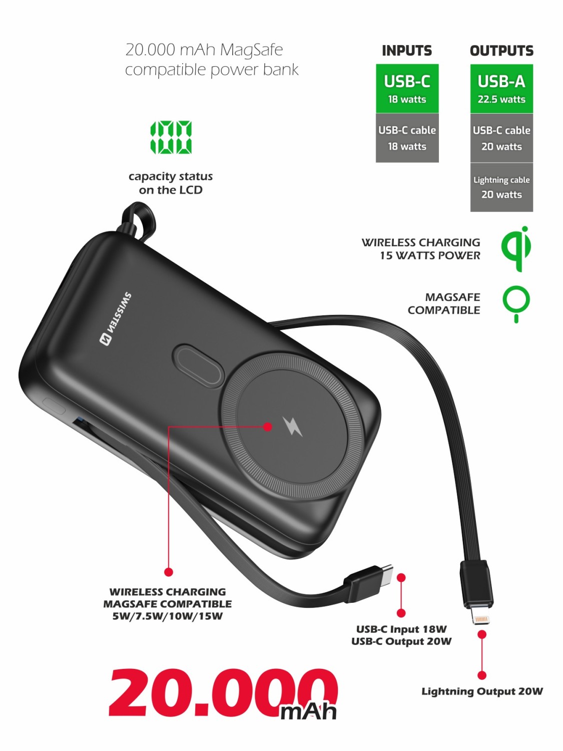 Swissten Power Bank Bank 20000 mAh 22,5W PD s integrovanýnu kabely USB-C a Lightning (kompatibilní s MagSafe)