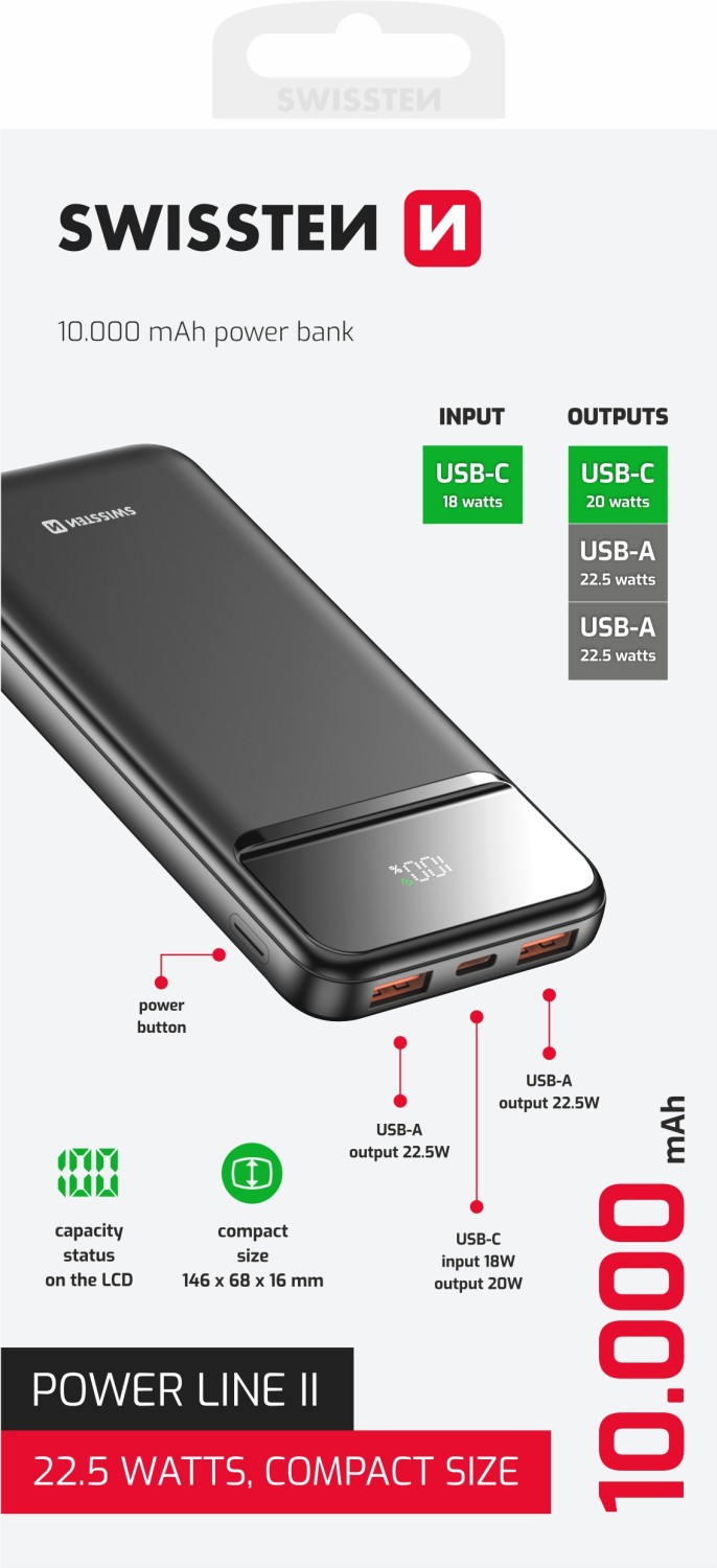 Swissten Power Bank 10.000 mAh Power Line II černá