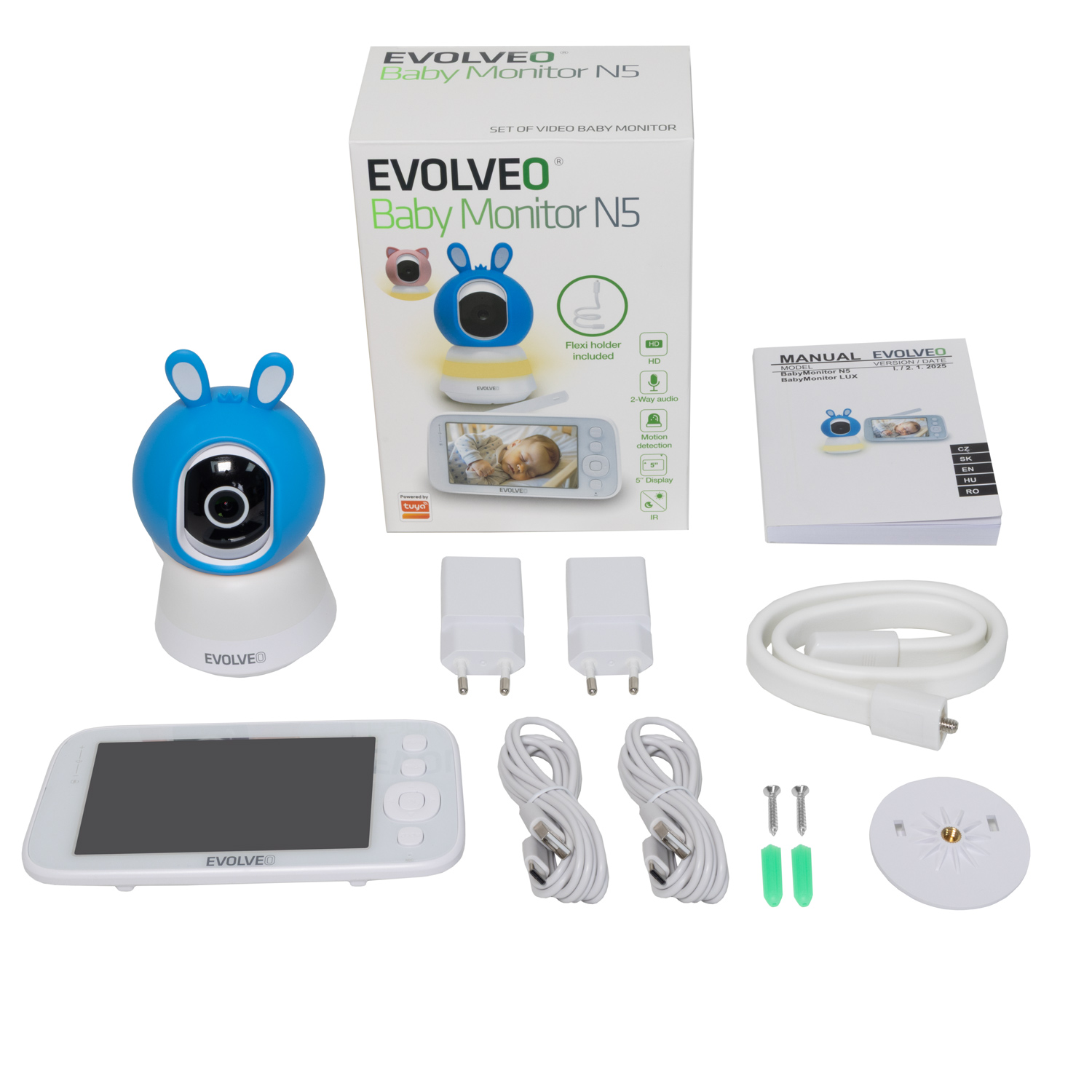 Evolveo Baby Monitor N5 - Set videochůvičky s 360° dohledem, obousměrnou komunikací a ukolébavkami, modrá
