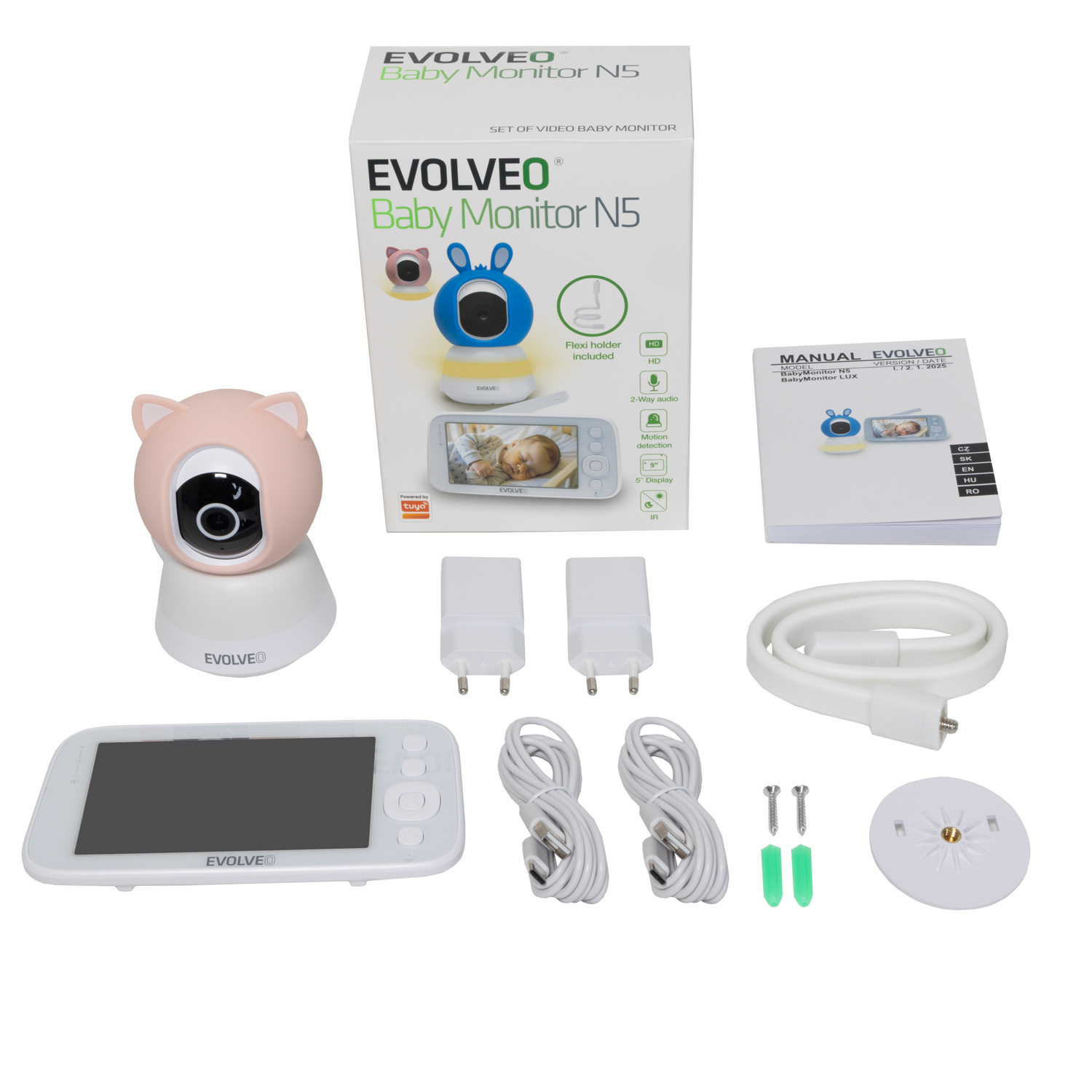 Evolveo Baby Monitor N5 - Set videochůvičky s 360° dohledem, obousměrnou komunikací a ukolébavkami, růžová
