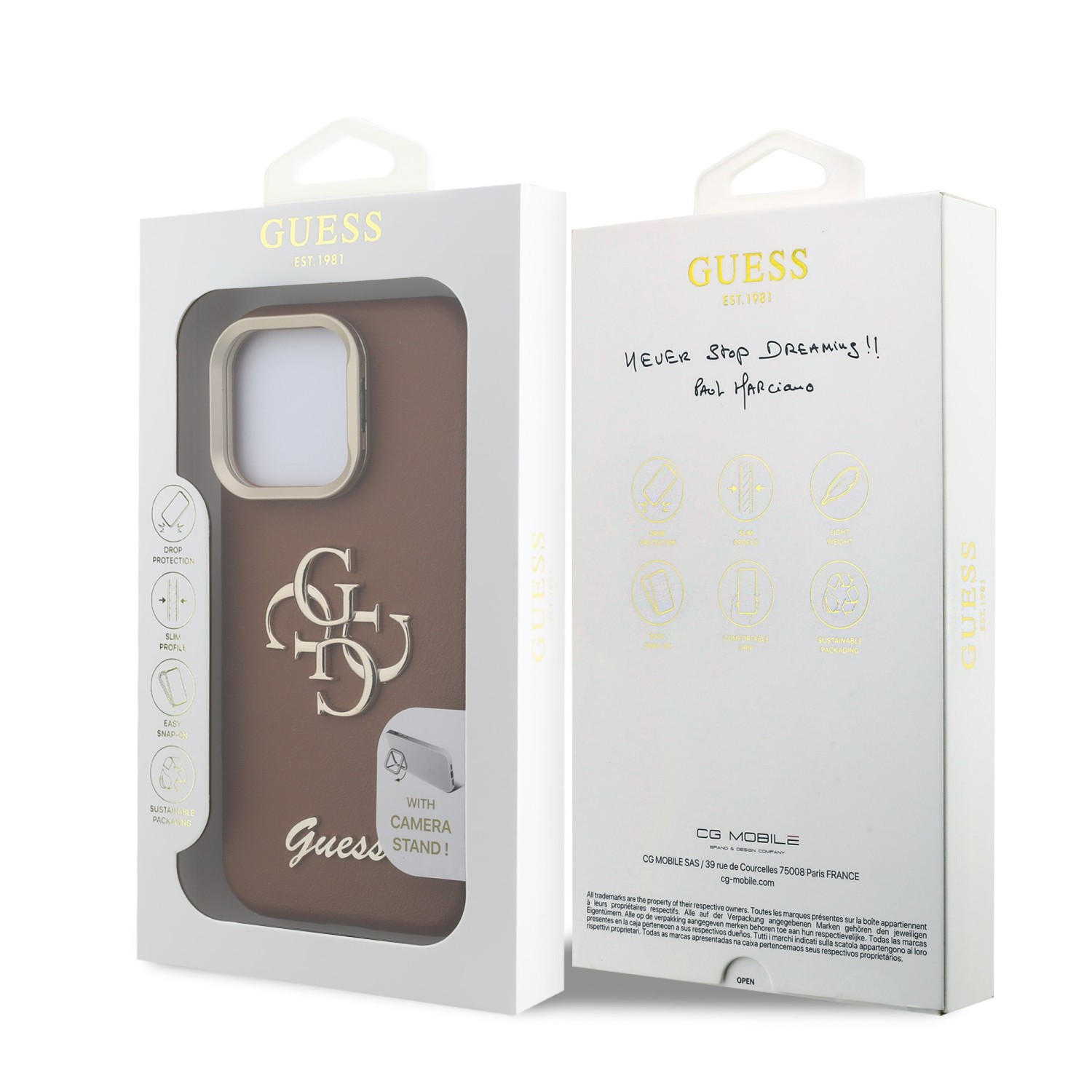 Guess PU Grained 4G Logo Stand Camera Frame Zadní Kryt pro iPhone 15 Pro Brown