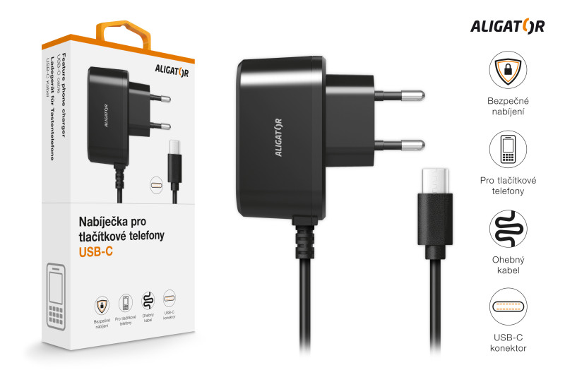 Aligator Nabíječka pro seniorské a tlačítkové telefony, USB-C, černá