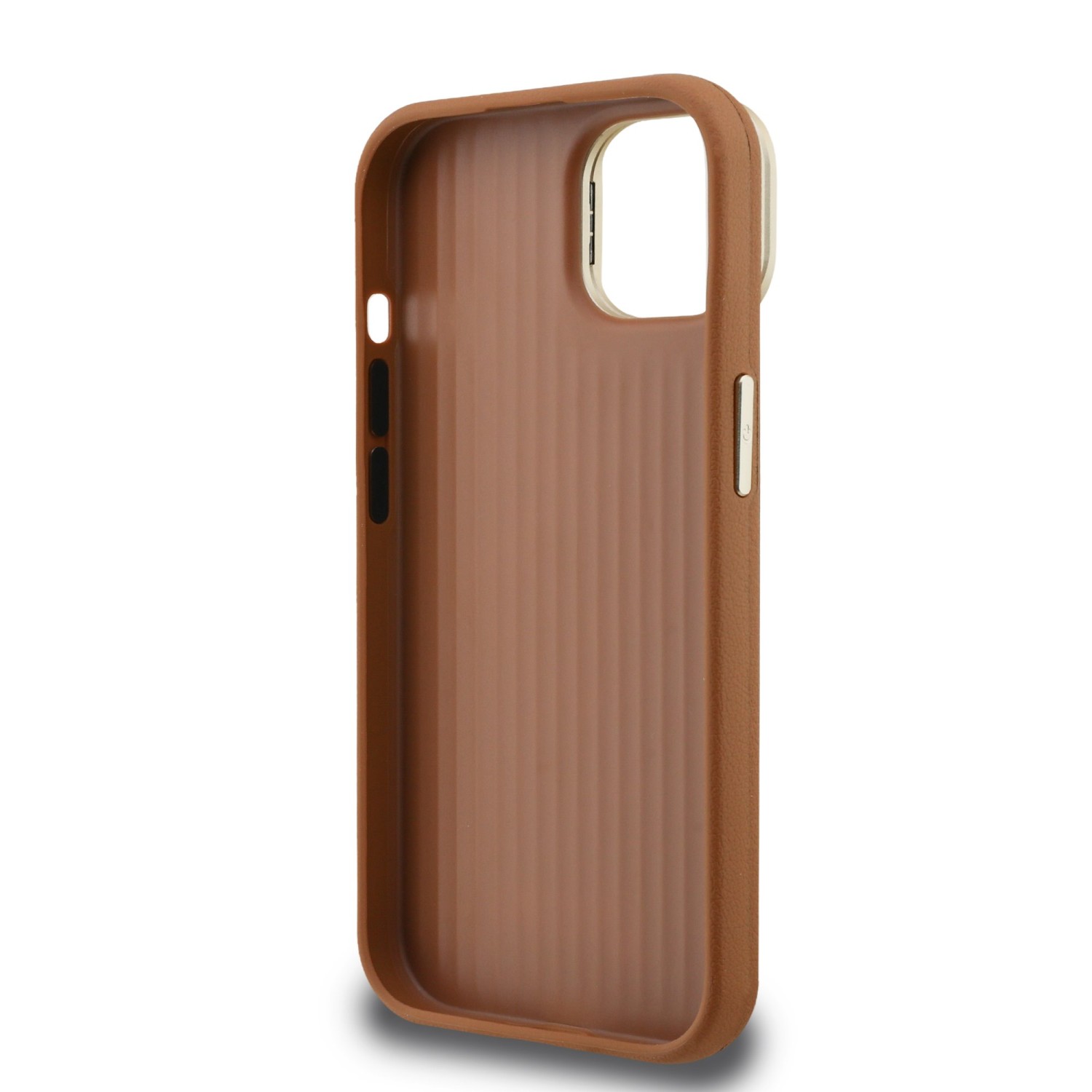 Guess PU Grained 4G Logo Stand Camera Frame Zadní Kryt pro iPhone 14 Brown