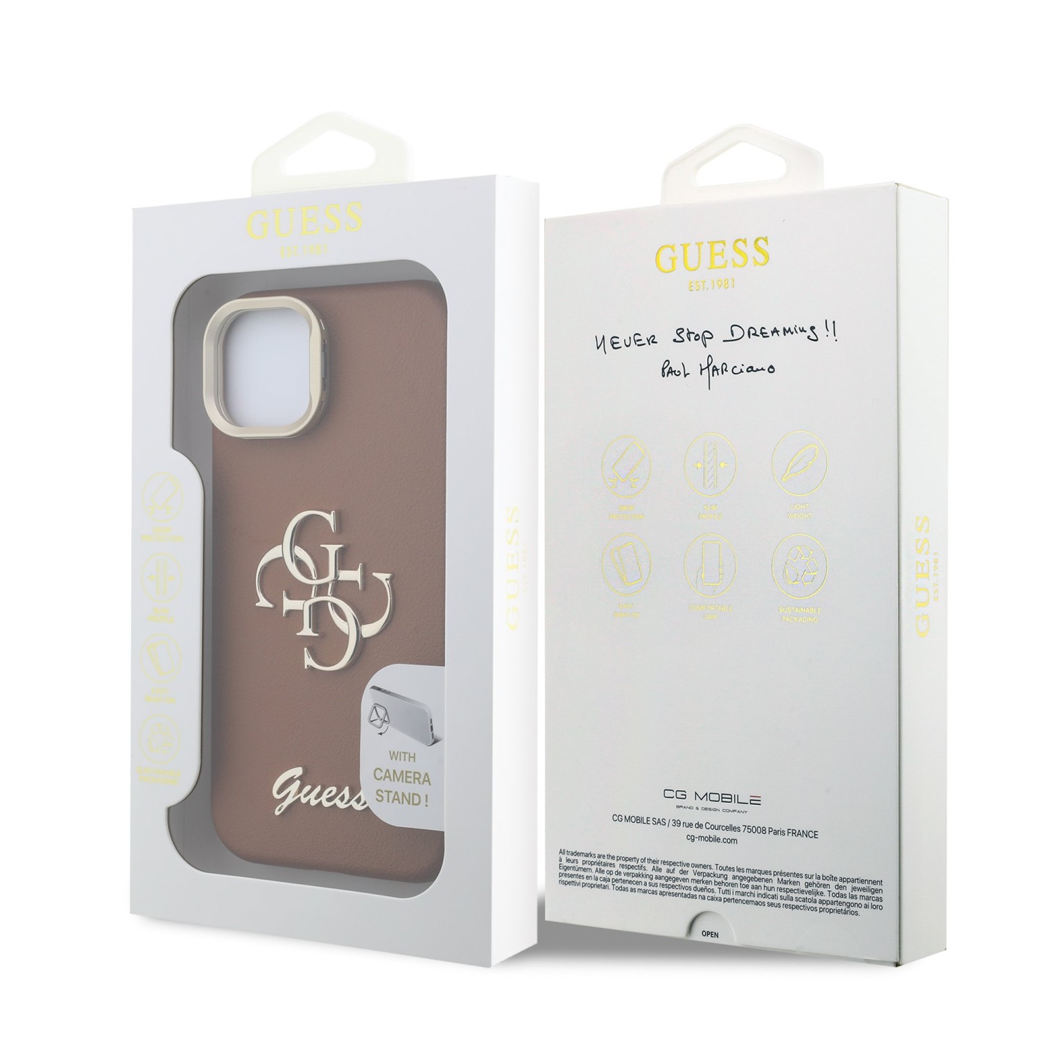 Guess PU Grained 4G Logo Stand Camera Frame Zadní Kryt pro iPhone 14 Brown