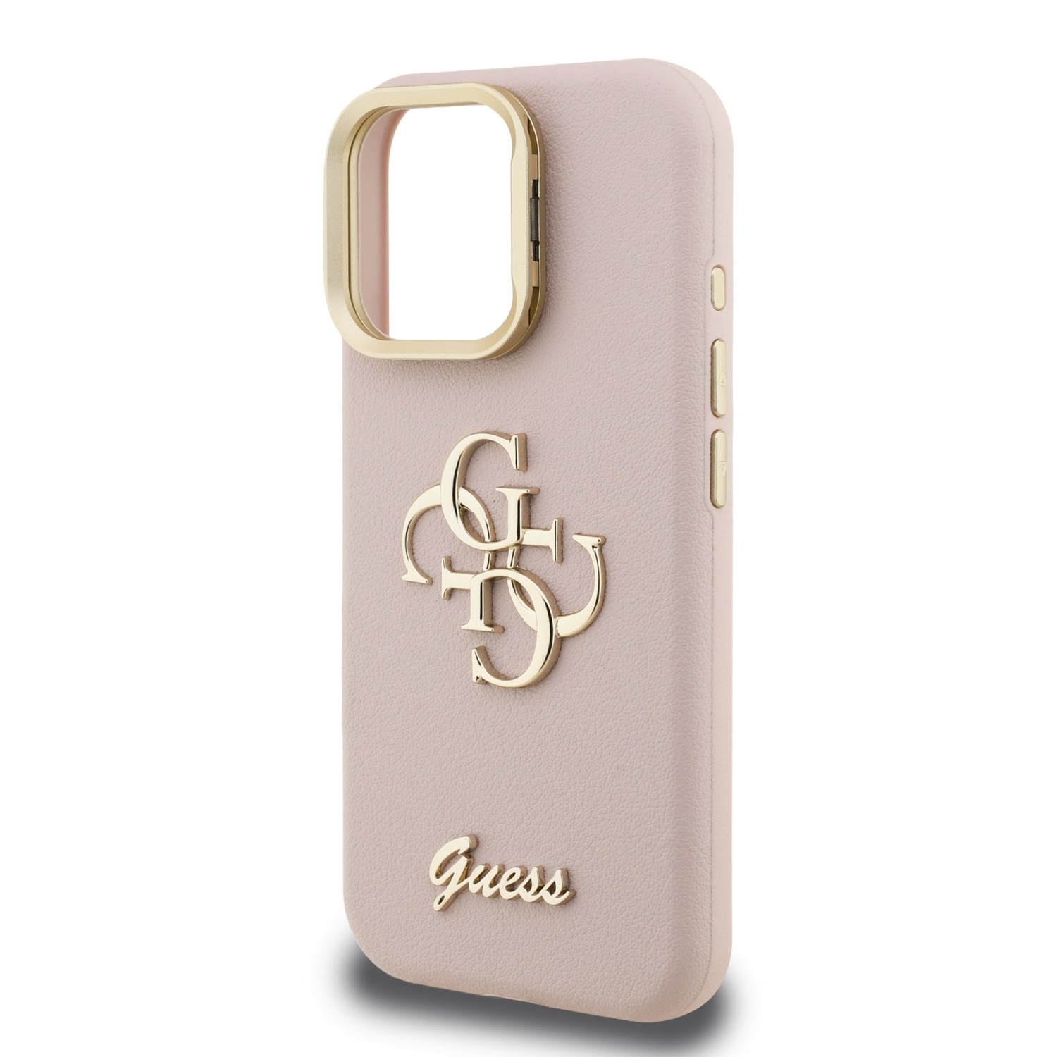 Guess PU Grained 4G Logo Stand Camera Frame Zadní Kryt pro iPhone 16 Pro Pink