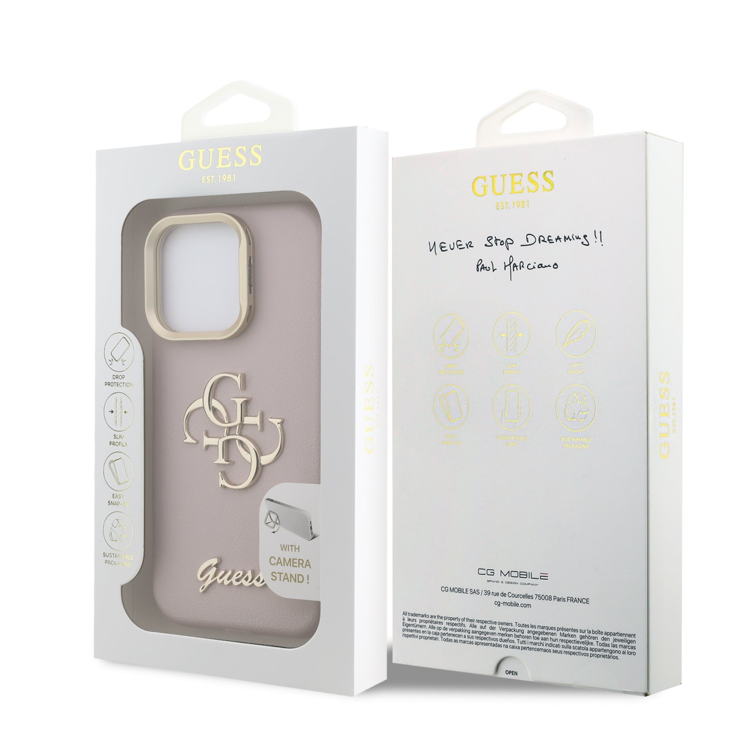 Guess PU Grained 4G Logo Stand Camera Frame Zadní Kryt pro iPhone 16 Pro Pink