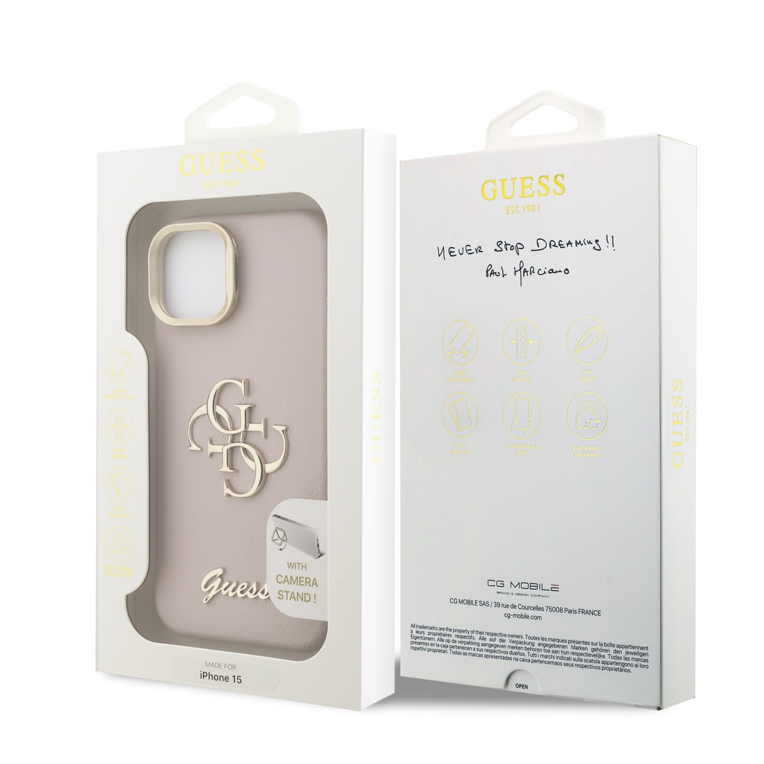 Guess PU Grained 4G Logo Stand Camera Frame Zadní Kryt pro iPhone 15 Pink