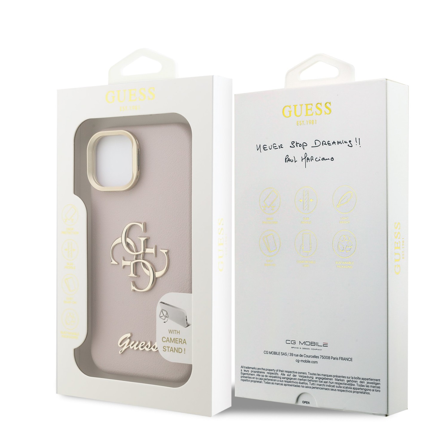 Guess PU Grained 4G Logo Stand Camera Frame Zadní Kryt pro iPhone 14 Pink