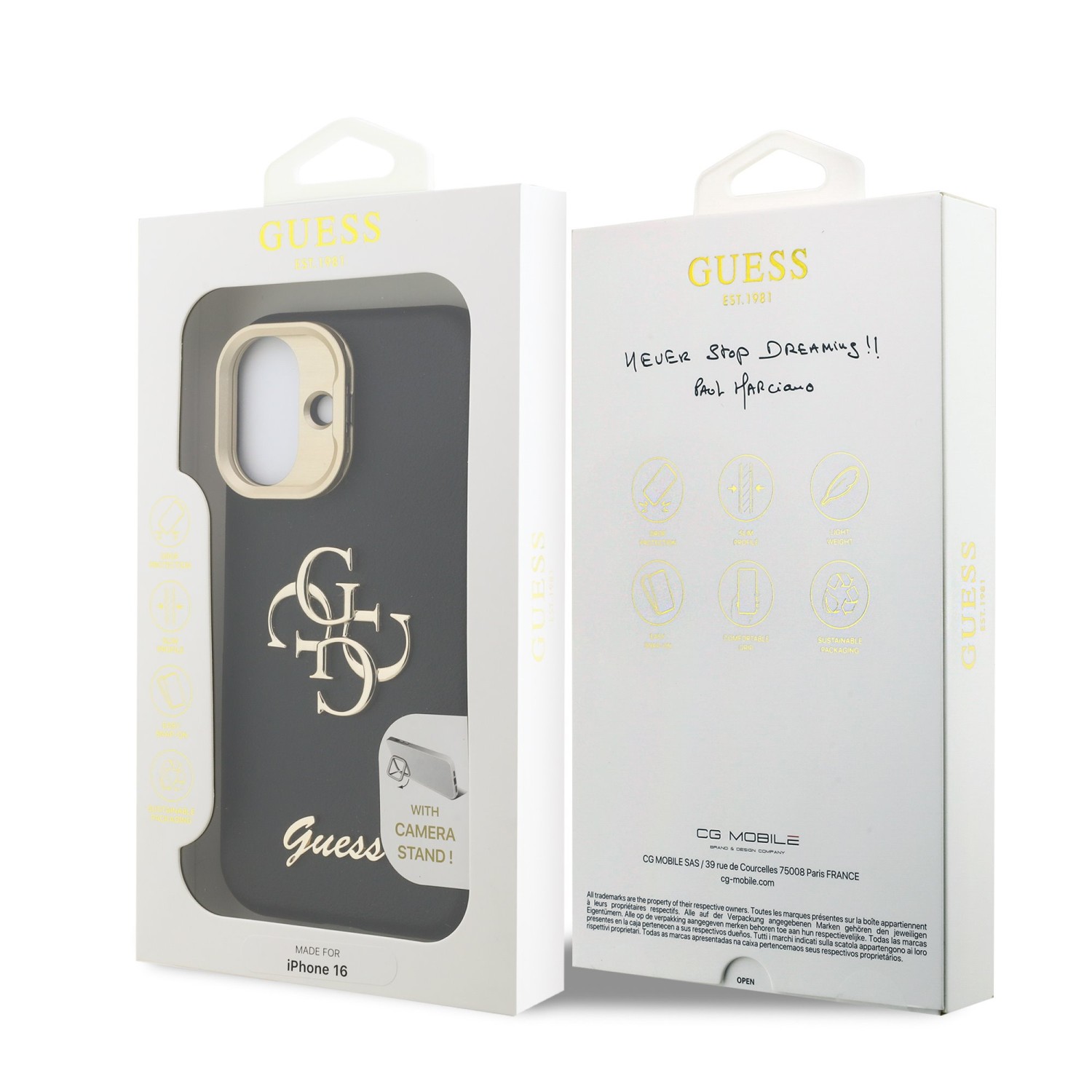 Guess PU Grained 4G Logo Stand Camera Frame Zadní Kryt pro iPhone 16 Black