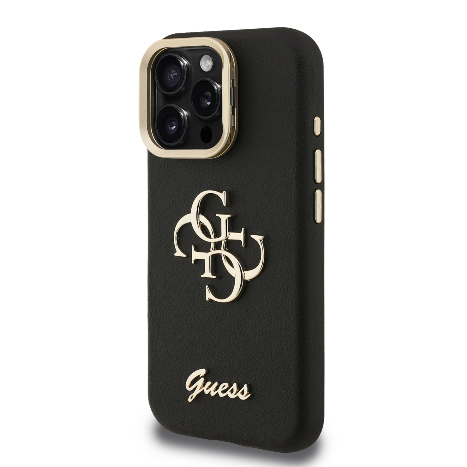 Guess PU Grained 4G Logo Stand Camera Frame Zadní Kryt pro iPhone 15 Pro Black