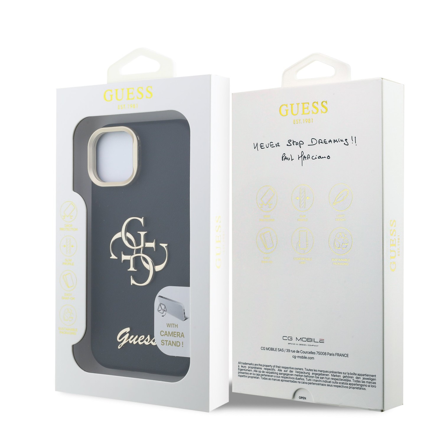 Guess PU Grained 4G Logo Stand Camera Frame Zadní Kryt pro iPhone 14 Black