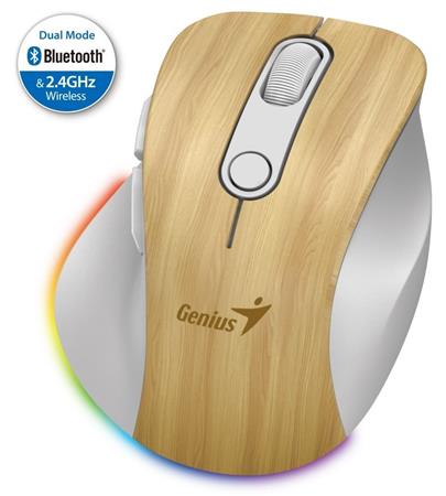 Genius Ergo 9000S Pro Myš, bezdrátová, optická, 2400DPI, 6 tlačítek, Bluetooth, 2,4GHz, USB-C nabíjení, tichá, 7bar.pods.,borovice