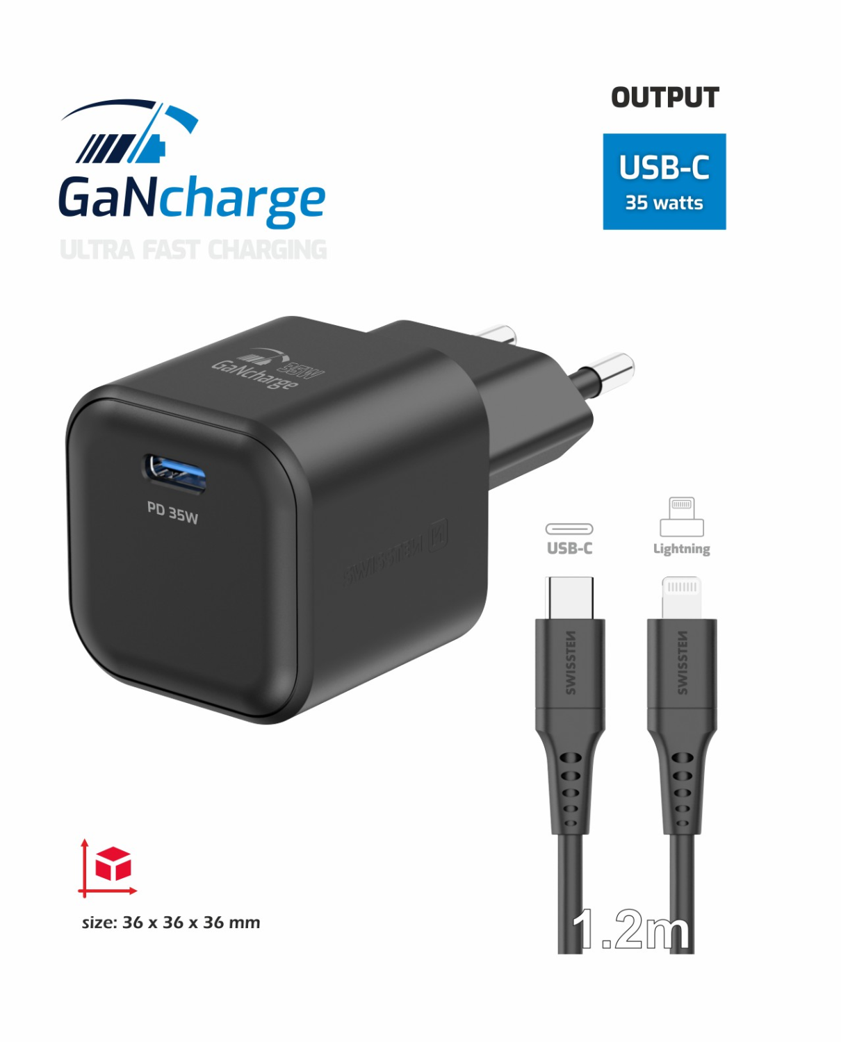 Swissten síťový adaptér /GaN/USB-C/35W/Power Delivery/ + datový kabel USB-C/lightning černá