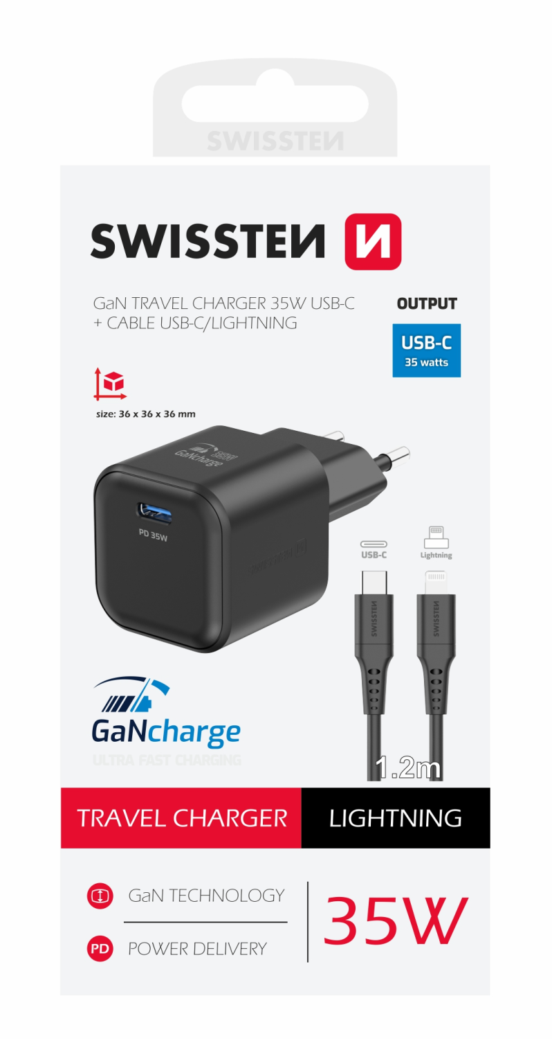 Swissten síťový adaptér /GaN/USB-C/35W/Power Delivery/ + datový kabel USB-C/lightning černá