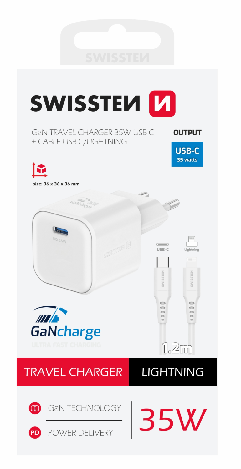 Swissten síťový adaptér /GaN/USB-C/35W/Power Delivery/ + datový kabel USB-C/lightning bílá