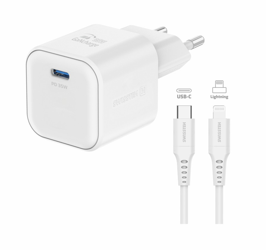 Swissten síťový adaptér /GaN/USB-C/35W/Power Delivery/ + datový kabel USB-C/lightning bílá
