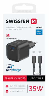 Swissten sieťový adaptér /GaN/USB-C/35W/Power Delivery/ + dátový kábel USB-C/USB-C/ čierna