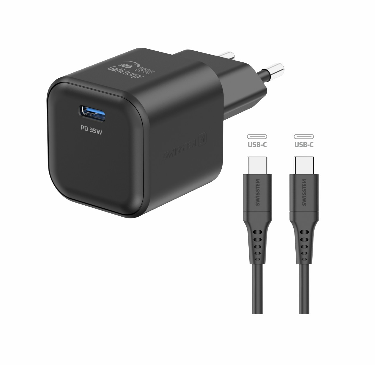 Swissten síťový adaptér /GaN/USB-C/35W/Power Delivery/ + datový kabel USB-C/USB-C/ černá