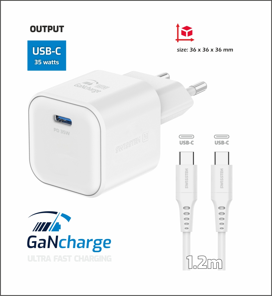 Swissten síťový adaptér /GaN/USB-C/35W/Power Delivery/ + datový kabel USB-C/USB-C/ bílá