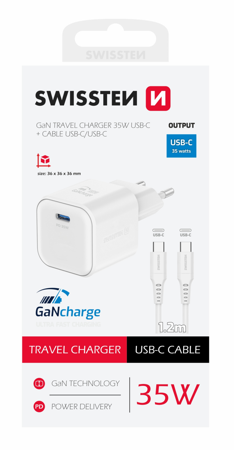 Swissten síťový adaptér /GaN/USB-C/35W/Power Delivery/ + datový kabel USB-C/USB-C/ bílá