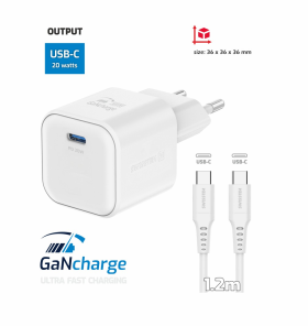 Swissten sieťový adaptér /GaN/USB-C/20W/Power Delivery/ + dátový kábel USB-C/USB-C biela