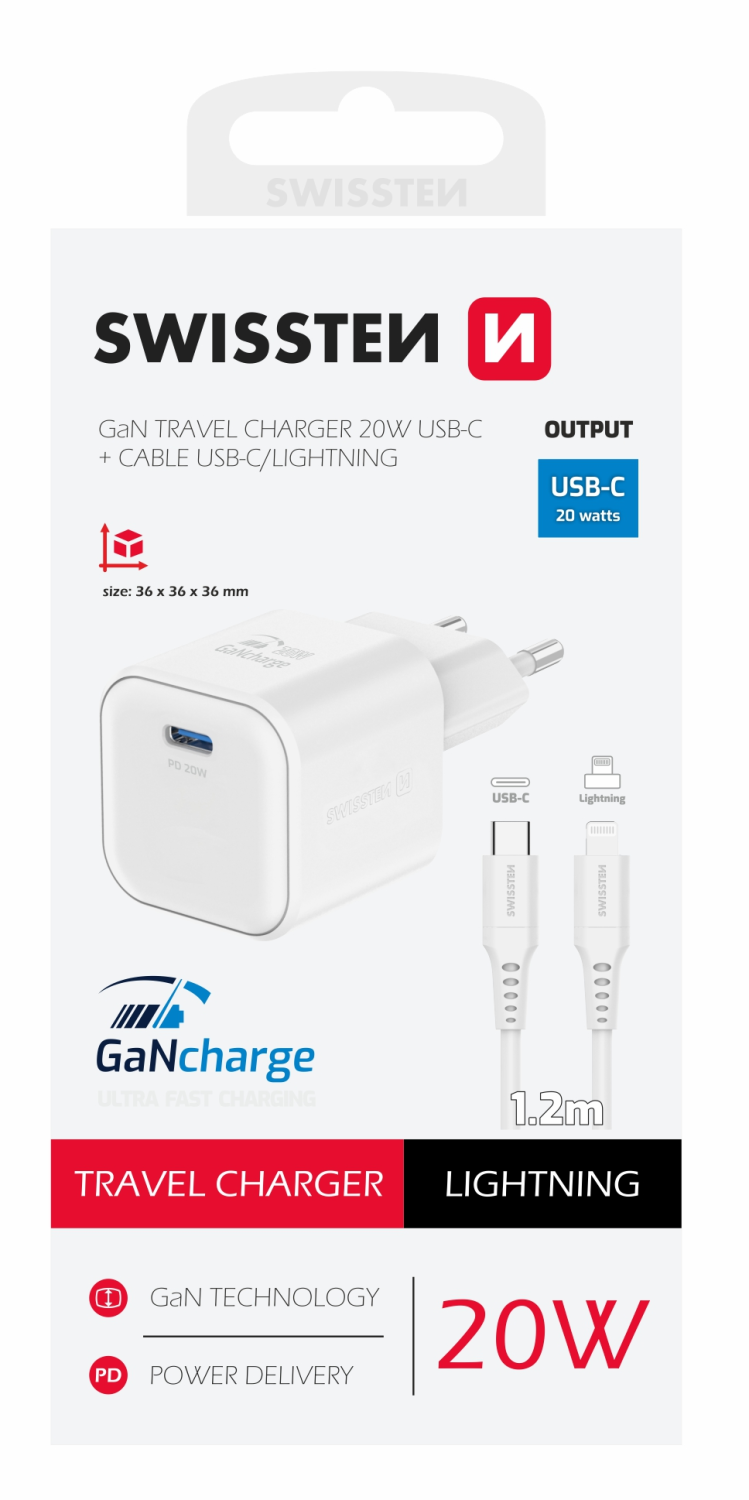 Swissten síťový adaptér /GaN/USB-C/20W/Power Delivery/ + datový kabel USB-C/lightning bílá