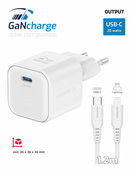 Swissten sieťový adaptér /GaN/USB-C/20W/Power Delivery/ + dátový kábel USB-C/lightning biela