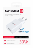 Swissten síťový adaptér /GaN/USB-C+USB/30W Power Delivery/ bílá