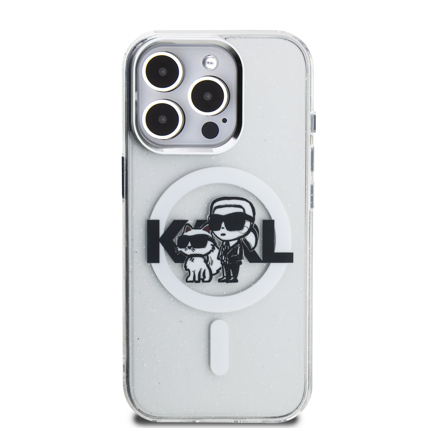 Karl Lagerfeld IML Glitter Karl and Choupette Sketch MagSafe Zadní Kryt pro iPhone 15 Pro Max Transparent