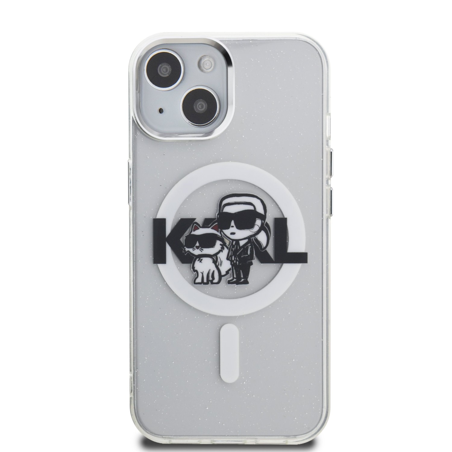 Karl Lagerfeld IML Glitter Karl and Choupette Sketch MagSafe Zadní Kryt pro iPhone 15 Transparent