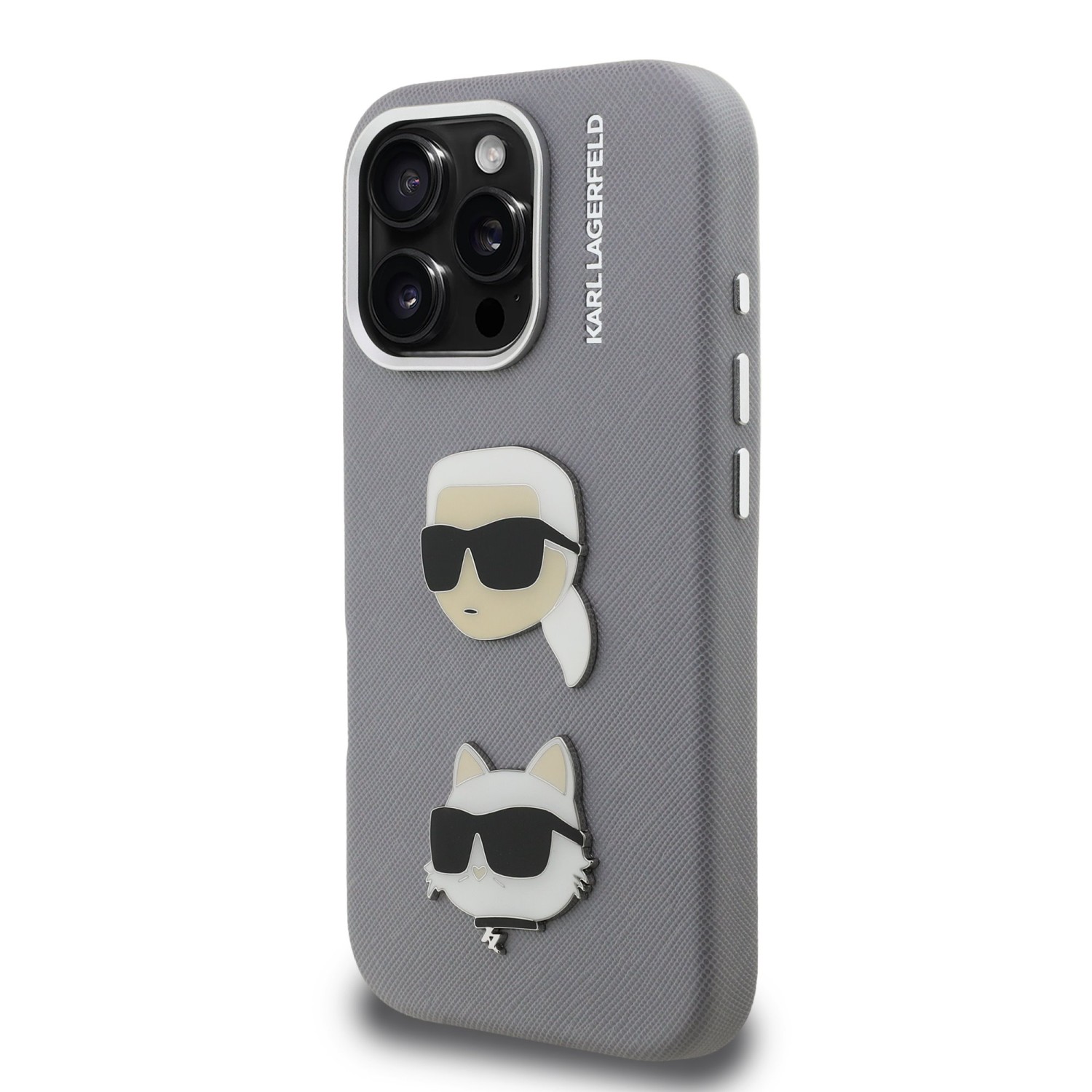 Karl Lagerfeld Grained PU K&CH Heads Zadní Kryt pro iPhone 16 Pro Max Grey