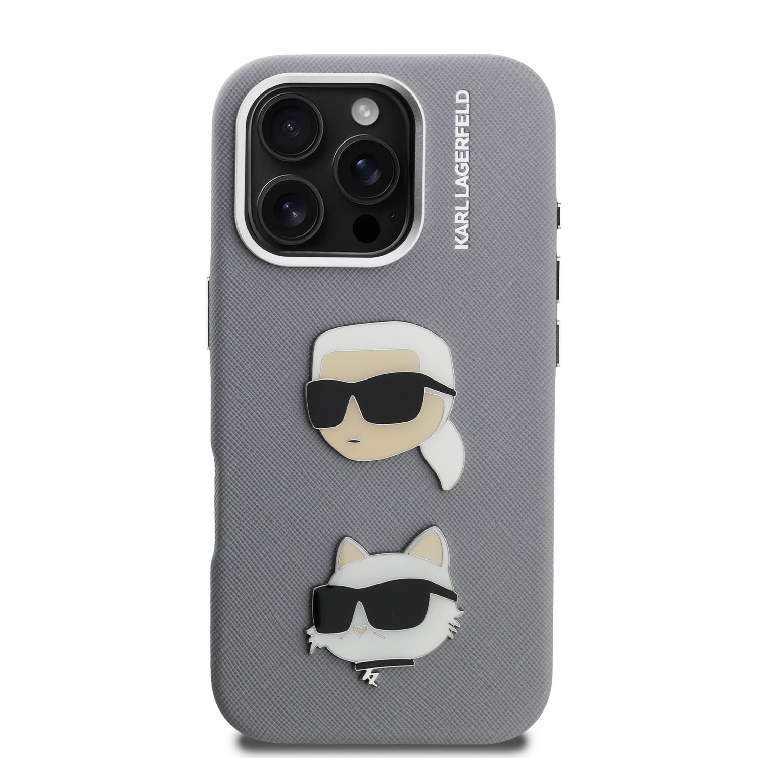 Karl Lagerfeld Grained PU K&CH Heads Zadní Kryt pro iPhone 16 Pro Max Grey