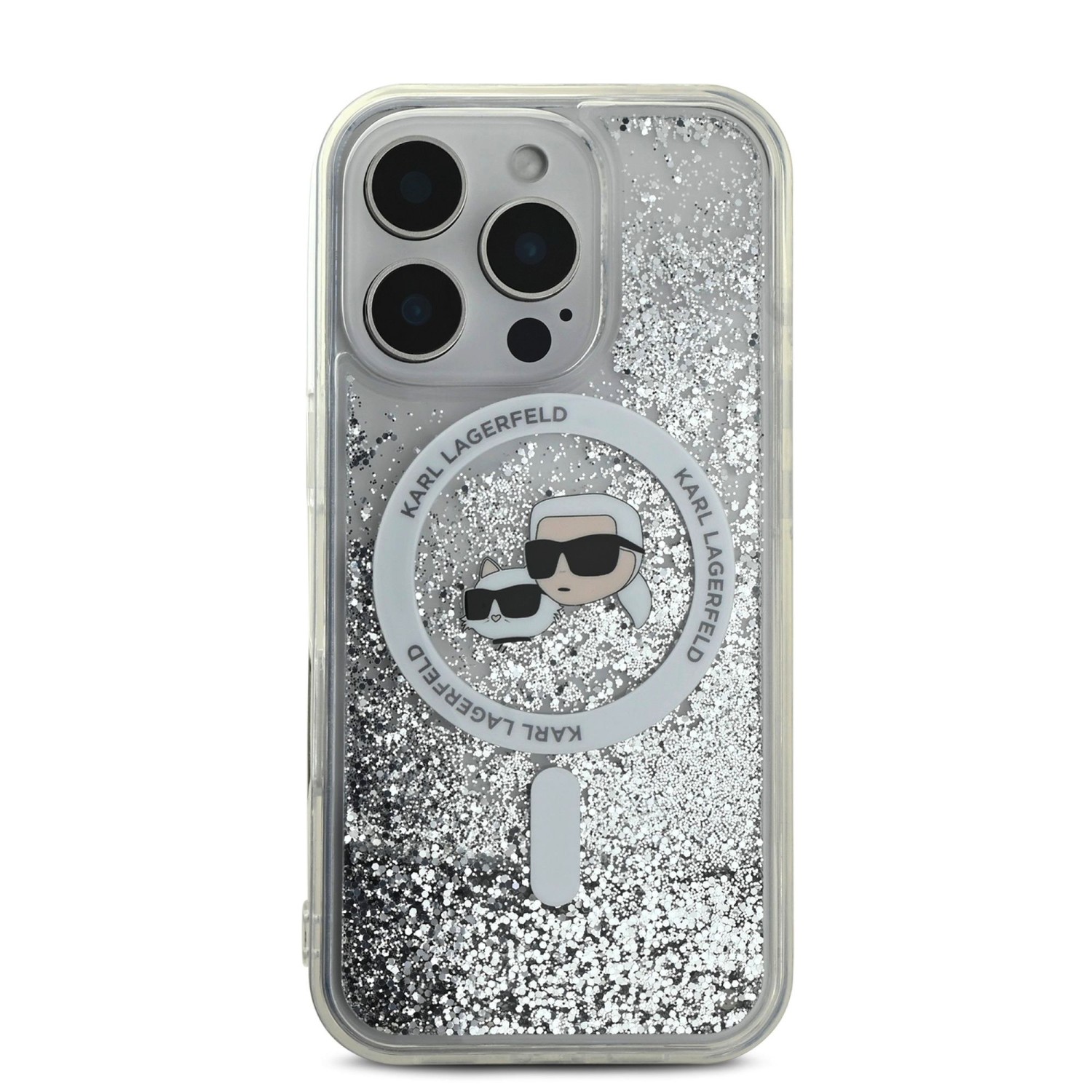Karl Lagerfeld Liquid Glitter Karl and Choupette Heads MagSafe Zadní Kryt pro iPhone 16 Pro Transparent