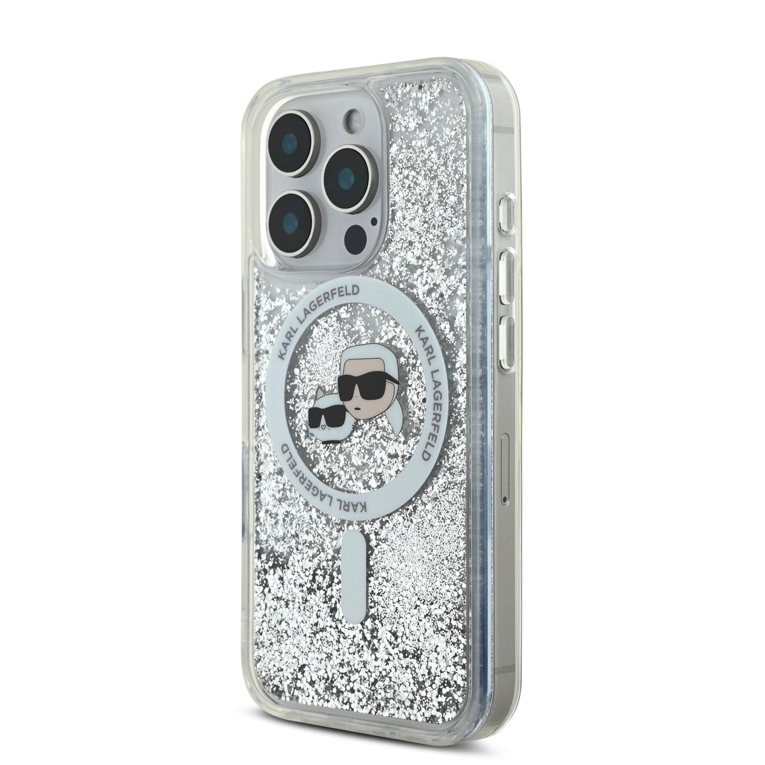 Karl Lagerfeld Liquid Glitter Karl and Choupette Heads MagSafe Zadní Kryt pro iPhone 16 Pro Transparent