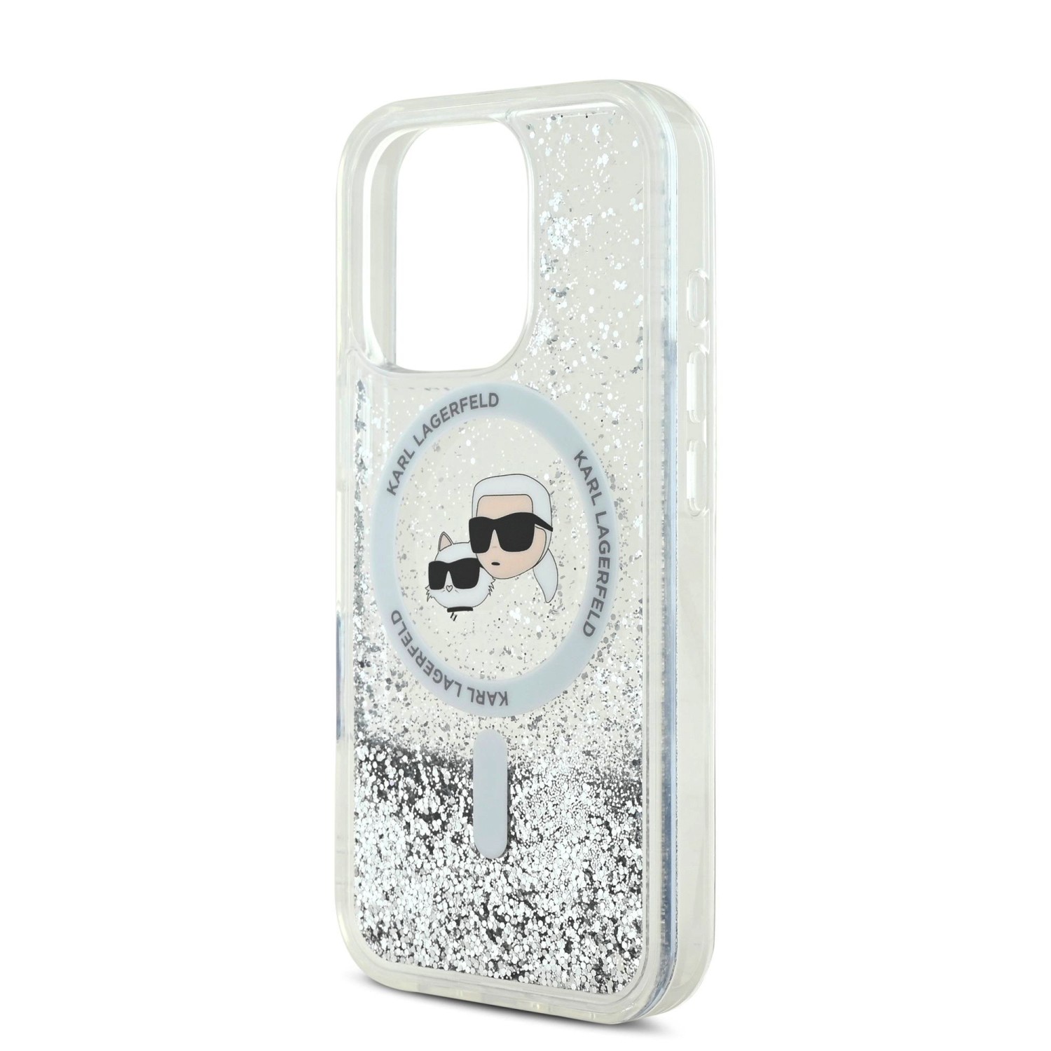 Karl Lagerfeld Liquid Glitter Karl and Choupette Heads MagSafe Zadní Kryt pro iPhone 16 Pro Transparent
