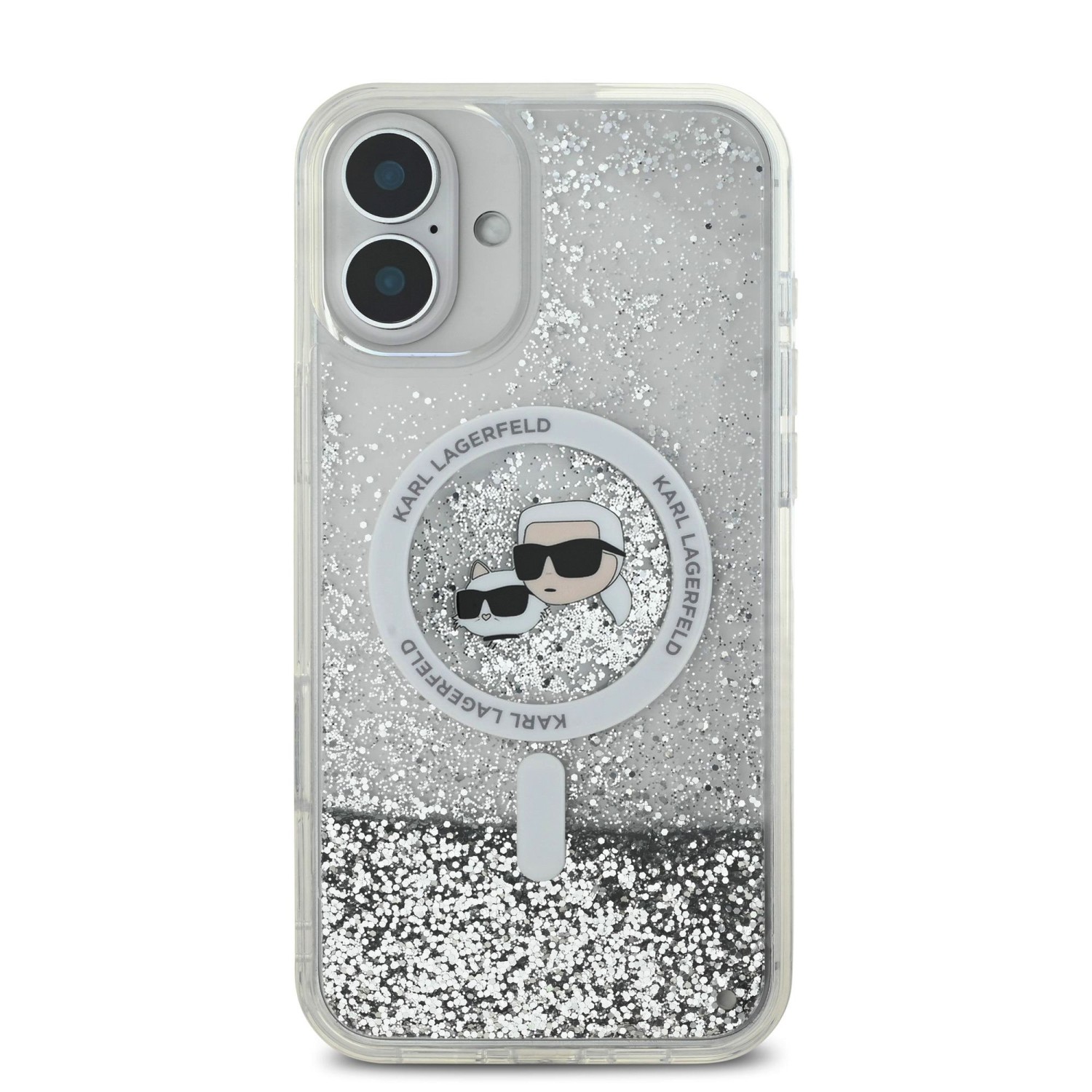 Karl Lagerfeld Liquid Glitter Karl and Choupette Heads MagSafe Zadní Kryt pro iPhone 16 Transparent