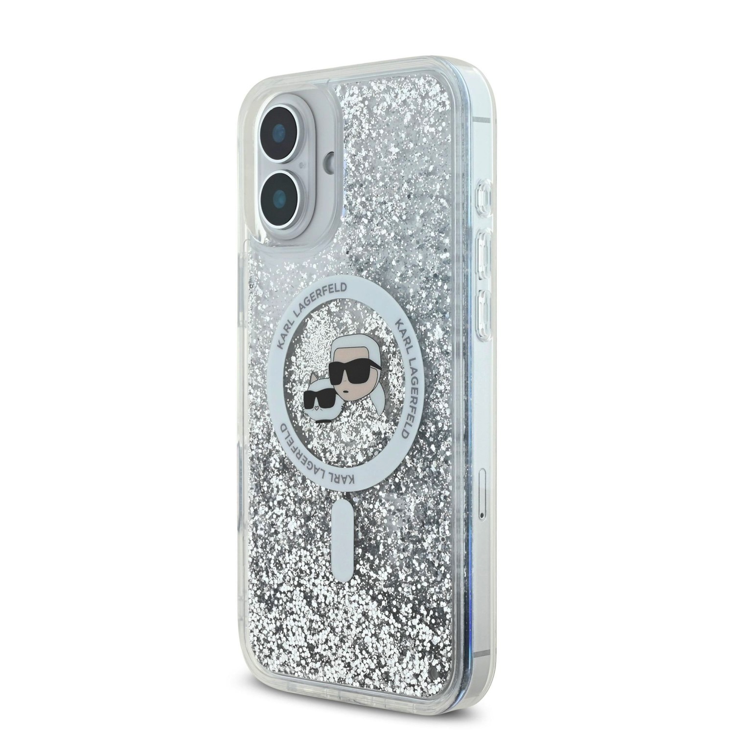 Karl Lagerfeld Liquid Glitter Karl and Choupette Heads MagSafe Zadní Kryt pro iPhone 16 Transparent