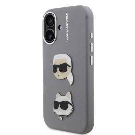 Zadný kryt Karl Lagerfeld Grained PU K&amp;CH Heads pre Apple iPhone 16, šedá