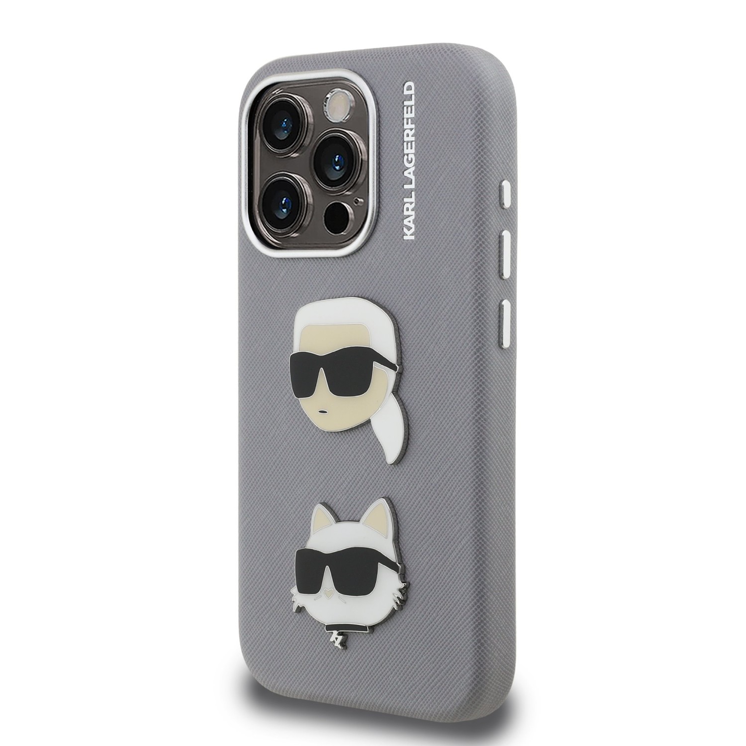 Karl Lagerfeld Grained PU K&CH Heads Zadní Kryt pro iPhone 15 Pro Grey