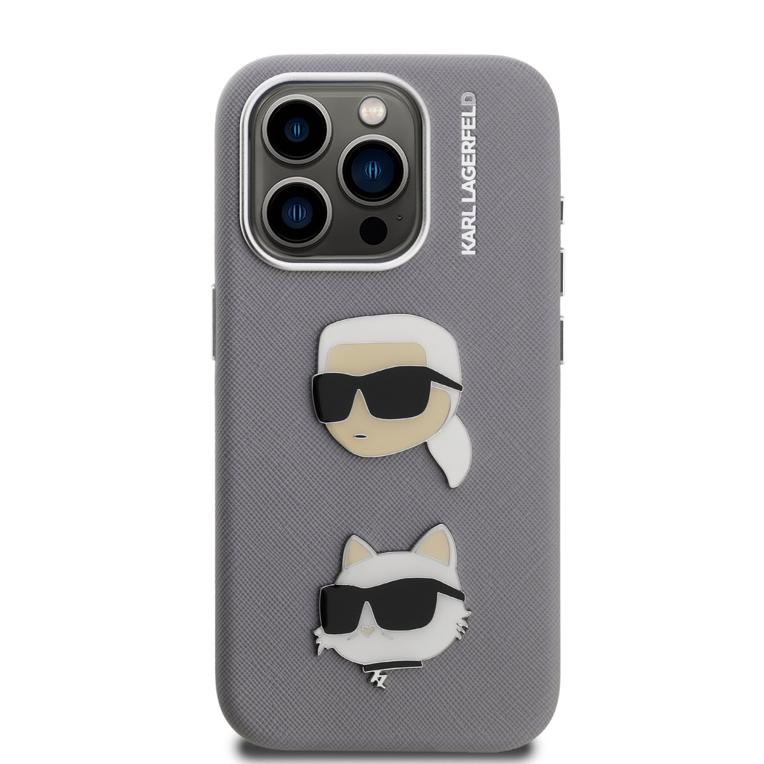 Karl Lagerfeld Grained PU K&CH Heads Zadní Kryt pro iPhone 15 Pro Grey
