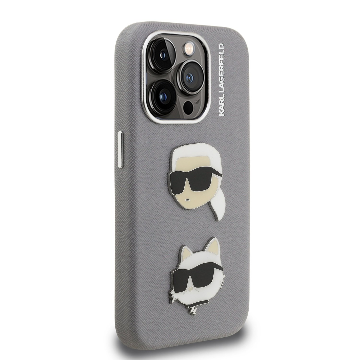 Karl Lagerfeld Grained PU K&CH Heads Zadní Kryt pro iPhone 15 Pro Grey