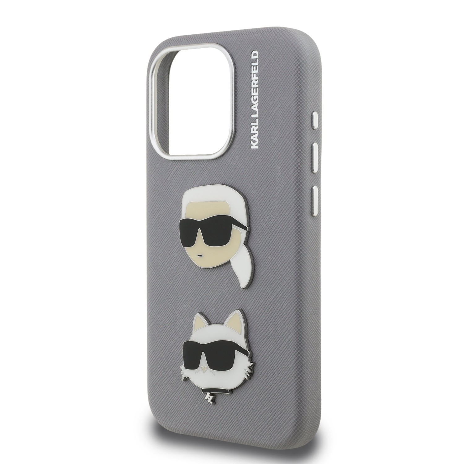 Karl Lagerfeld Grained PU K&CH Heads Zadní Kryt pro iPhone 15 Pro Grey