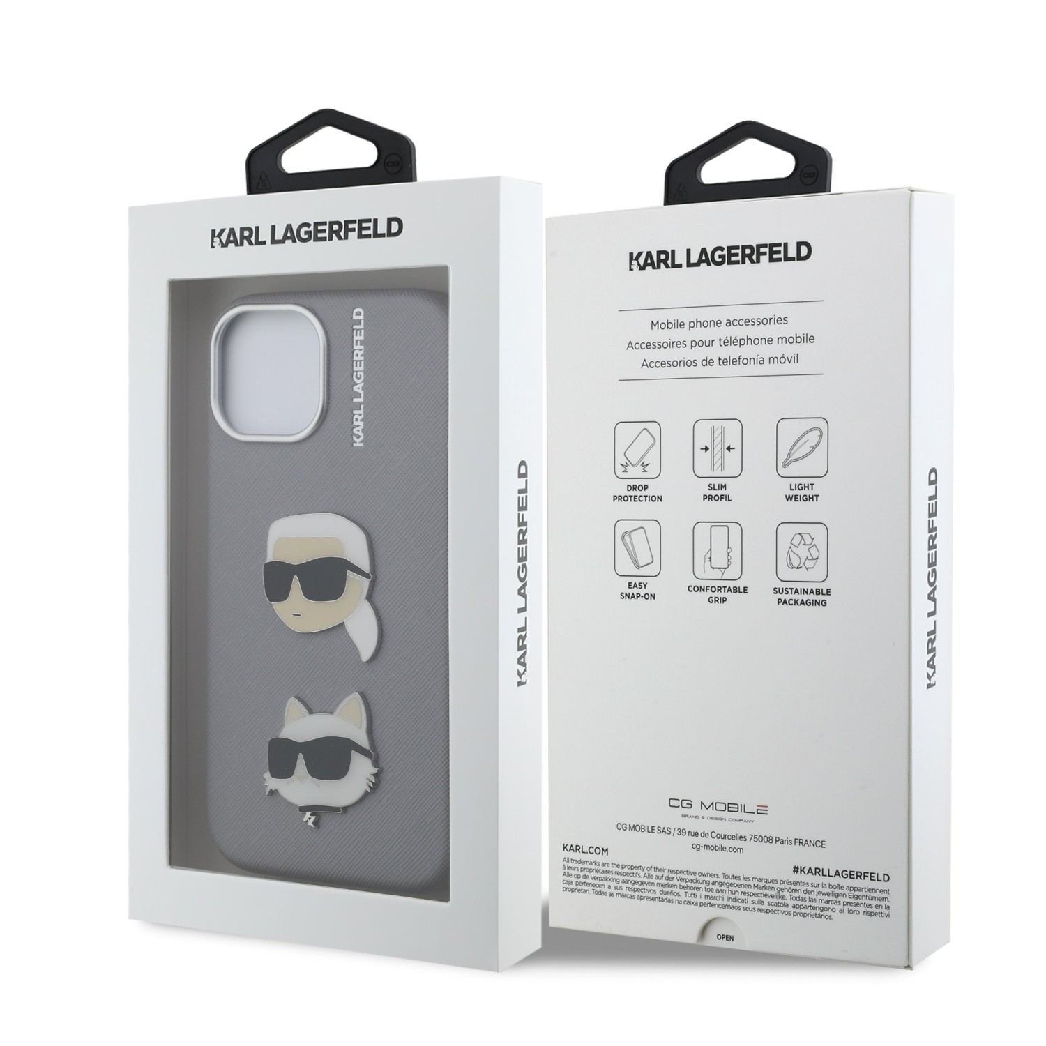 Karl Lagerfeld Grained PU K&CH Heads Zadní Kryt pro iPhone 15 Grey