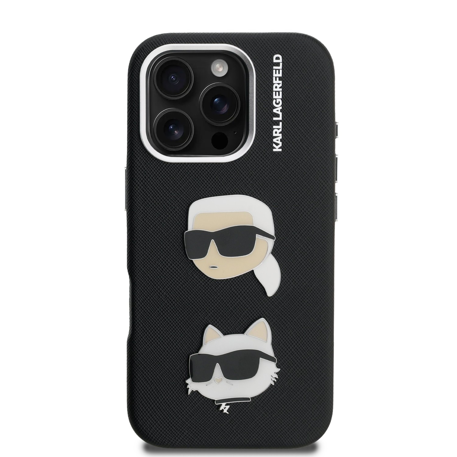Karl Lagerfeld Grained PU K&CH Heads Zadní Kryt pro iPhone 16 Pro Black