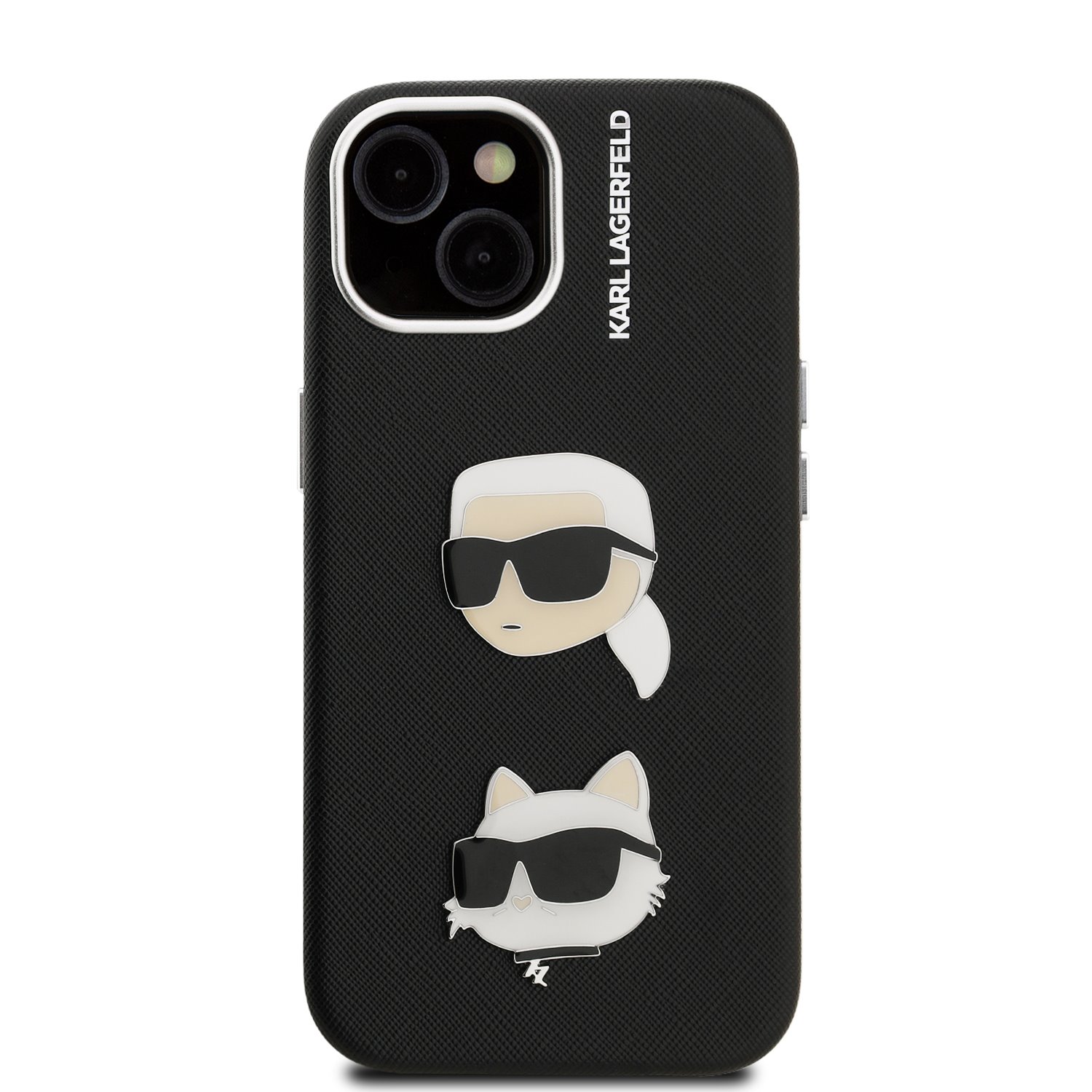 Karl Lagerfeld Grained PU K&CH Heads Zadní Kryt pro iPhone 15 Black