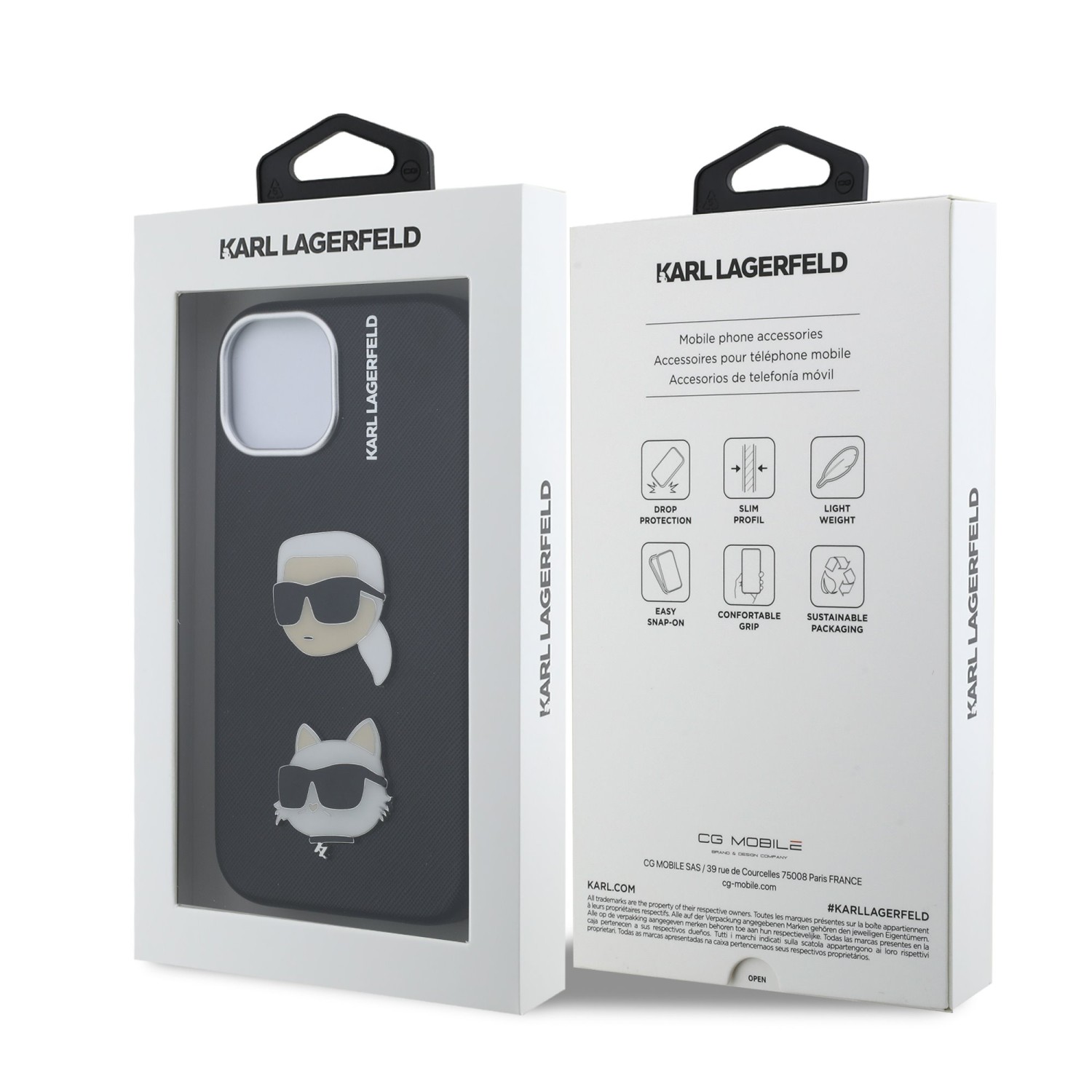 Karl Lagerfeld Grained PU K&CH Heads Zadní Kryt pro iPhone 15 Black
