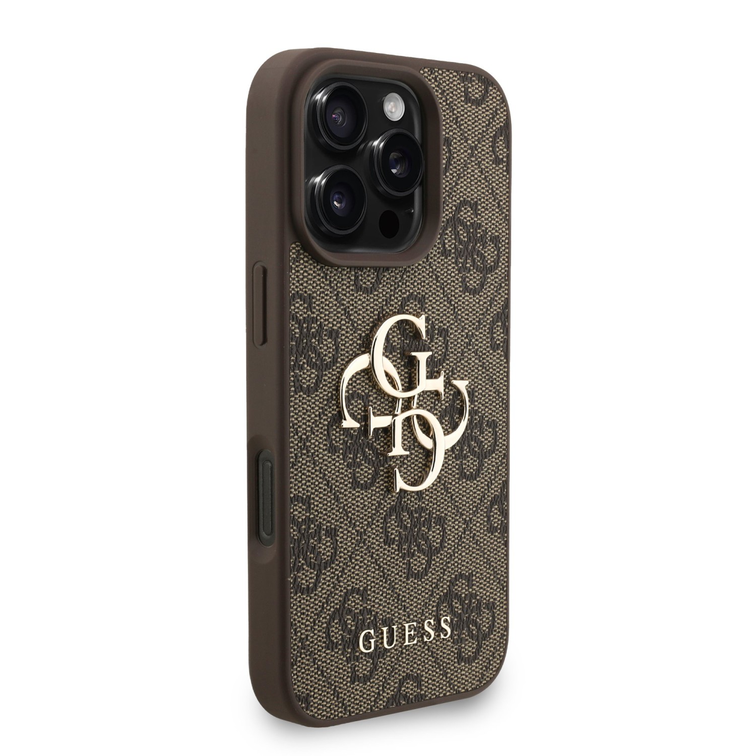 Guess PU 4G Metal Logo Strap Zadní Kryt pro iPhone 16 Pro Max Brown
