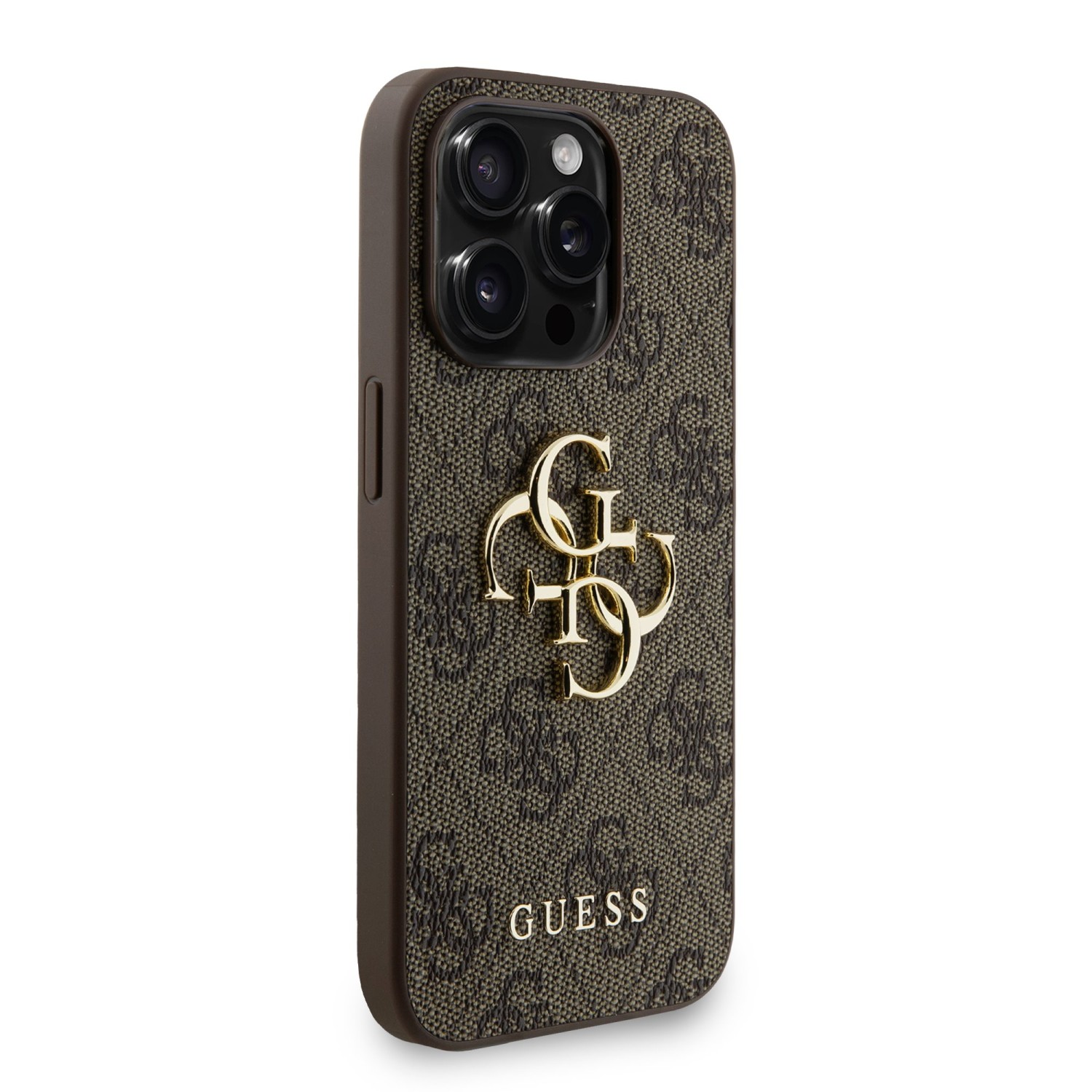 Guess PU 4G Metal Logo Strap Zadní Kryt pro iPhone 15 Pro Max Brown